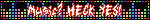 blinkie with a black background with text that says 'music? heck yes!' the background has bars made of colourful neon squares that jump up and down, and the text outline flashes different neon colours.