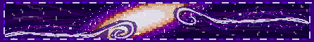 a purple blinkie displaying a pixellated drawing of the milky way galaxy and stars on either side of it.