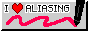 grey button with the text 'i heart aliasing'. beneath the text is pixel art of a stylus drawing a pixelled pink zig zag.