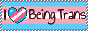 button for i love being trans's site. the button has the text 'i heart being trans', the heart coloured like the transgender flag. the background is also patterned like the trans flag.