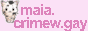 pink button with the text 'maia.crimew.gay'. to the left of the text there is a white cat with black spots.