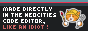 button with the text 'made directly in the neocities text editor, like an idiot'. the last 3 words flash green and red. the background of the button is dark blue and formatted like the neocities text editor and on the left of the image is the neocities cat logo.