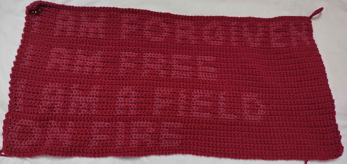 a rectangular piece of crochet. there is pink-red text which says 'I AM FORGOVEN I AM FREE I AM A FIELD ON FIRE'. the background is a slightly darker red.